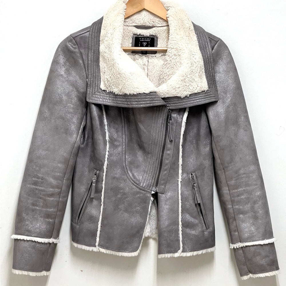 GUESS Women's Metallic Grey Zipper Jacket Faux Fur Polyester Pockets Size S